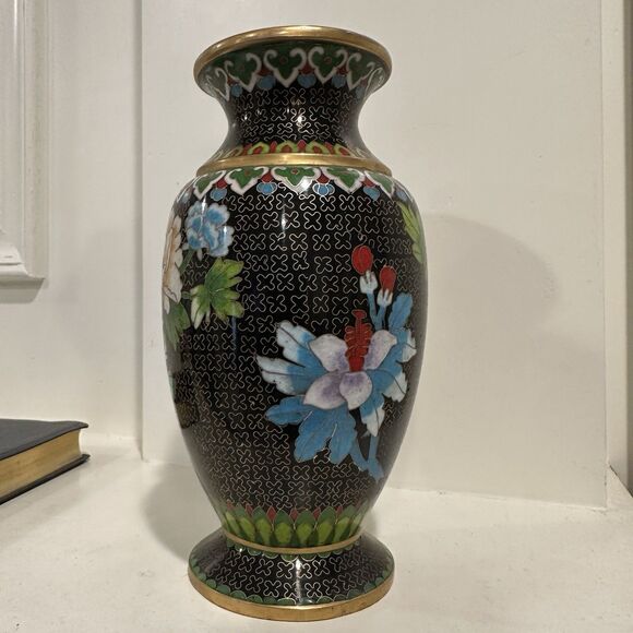 Vintage 70s Chinese Cloisonné Vase Peony & Bird Motif Black Enamel Brass Trim 8” - Picture 7 of 13